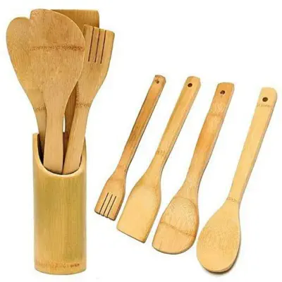 Picture of Bamboo Cooking Spoon 4 Piece Set With Holder (Brown)
