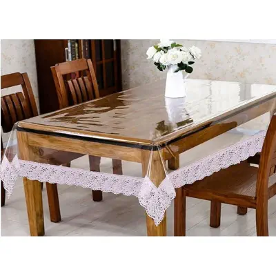 Picture of 1 pcs PVC Transparent Table Cover with Silver Lace Waterproof, Spill-Proof, Oil-Proof, Heat-Proof, Easy Wipe Clean, 0.15mm Thickness for Home, Office (Dining Table( 60 X 90 Inch)) (CLEAR)