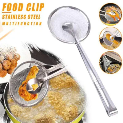 Picture of Stainless Steel Filter Spoon, with Clip, Food Kitchen Oil-Frying Multi-Functional BBQ Filter Clamp Strainer Kitchen Tool (Oil Filter Tongs) (Silver)