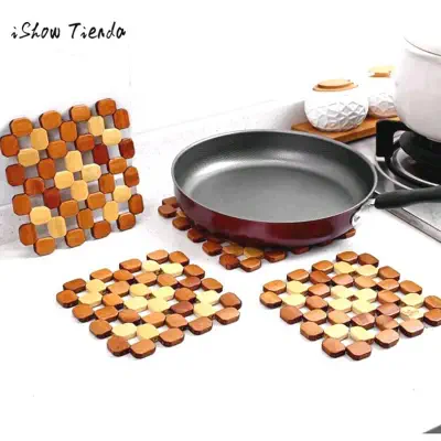 Picture of 2pcs Wooden Placemat Insulation Pads Against Hot Desk Table Mats Coasters Hollow Wooden Pot Cup Mat Kitchen (Brown)