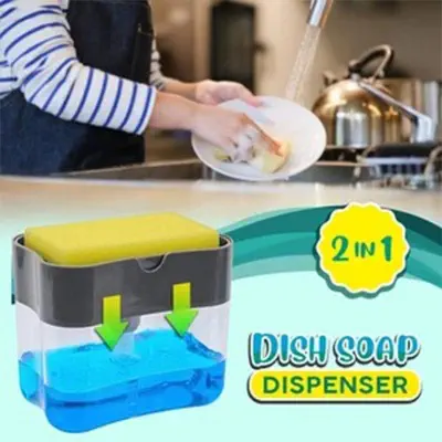 Picture of 2 In1 Kitchen Liquid Soap Pump Dispenser Sponge Holder Press Countertop Rack With Sponge Holder Kitchen Cleaner Tool Gray (Multicolor)