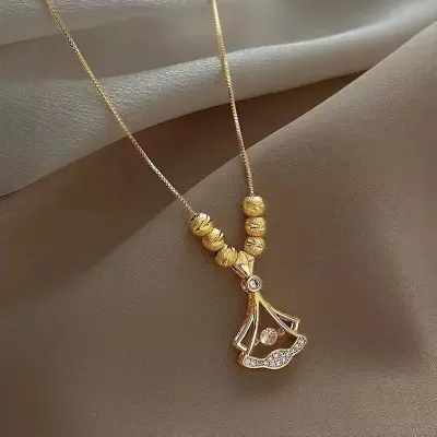 Picture of High Quality Ball & Ginkgo Leaf pendant Shape Comb Necklace for Women and Girls, Gold Plated Titanium Chain (Gold, )