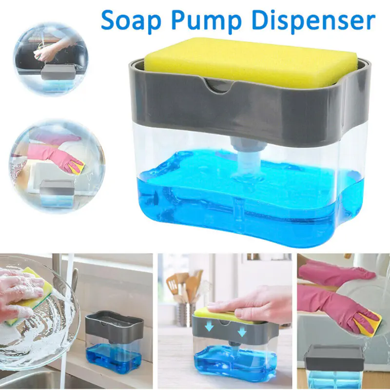 Picture of 2 In1 Kitchen Liquid Soap Pump Dispenser Sponge Holder Press Countertop Rack With Sponge Holder Kitchen Cleaner Tool Gray (Multicolor)