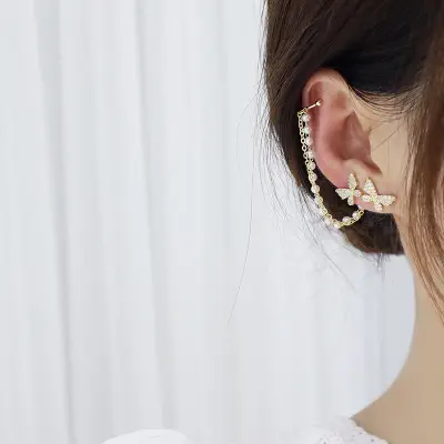 Picture of Korean Elegant Trendy Rhinestone Butterfly Earrings for Girls Stylish and Fashionable (Gold,Adjustable)