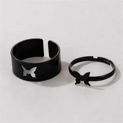 Picture of Butterfly King and Queen Couple Ring Set In Titanium Colour (Black,Adjustable)