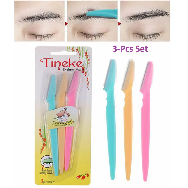 Picture of 3pcs Colorful Eyebrow Trimmer Face Hair Razors Women Eyebrow Shaver Hair Removal Makeup Tools (Multicolor)