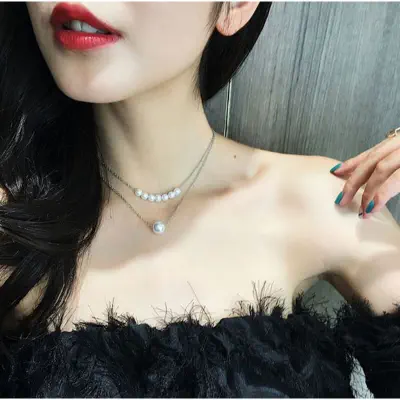 Picture of Fashion Simple Double-Layer Pearl Necklace Korean Temperament Short Clavicle Chain Female Tide Necklace Jewelry Gift (Gold,Adjustable)
