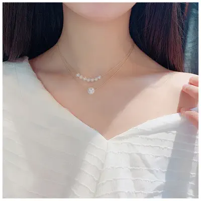 Picture of Metal double-layer pearl clavicle chain, thin temperament Korean ins style collar necklace (Gold,Adjustable)