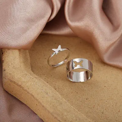 Picture of Butterfly King and Queen Couple Ring Set In Titanium Colour (Silver,Adjustable)