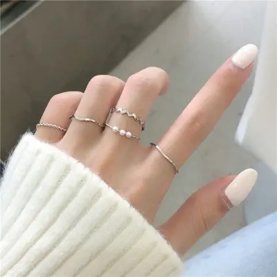 Picture of Ring Set Temperament Fashionable and Popular Women's Multi-layer Ring Twist Pearl Opening Beautiful Hand-tail Ring 5pcs Set (Silver,Adjustable)