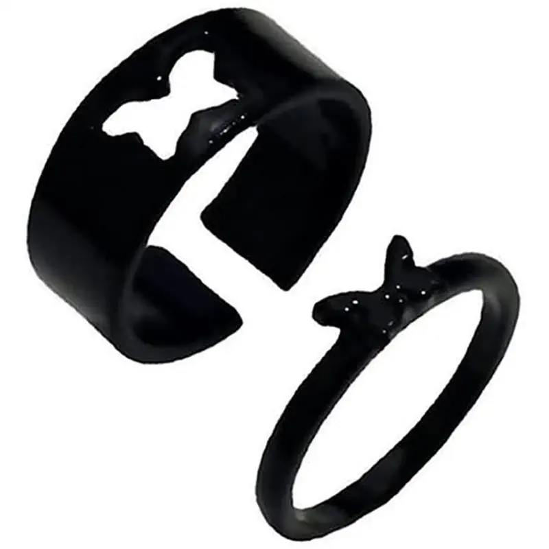 Picture of Butterfly King and Queen Couple Ring Set In Titanium Colour (Black,Adjustable)