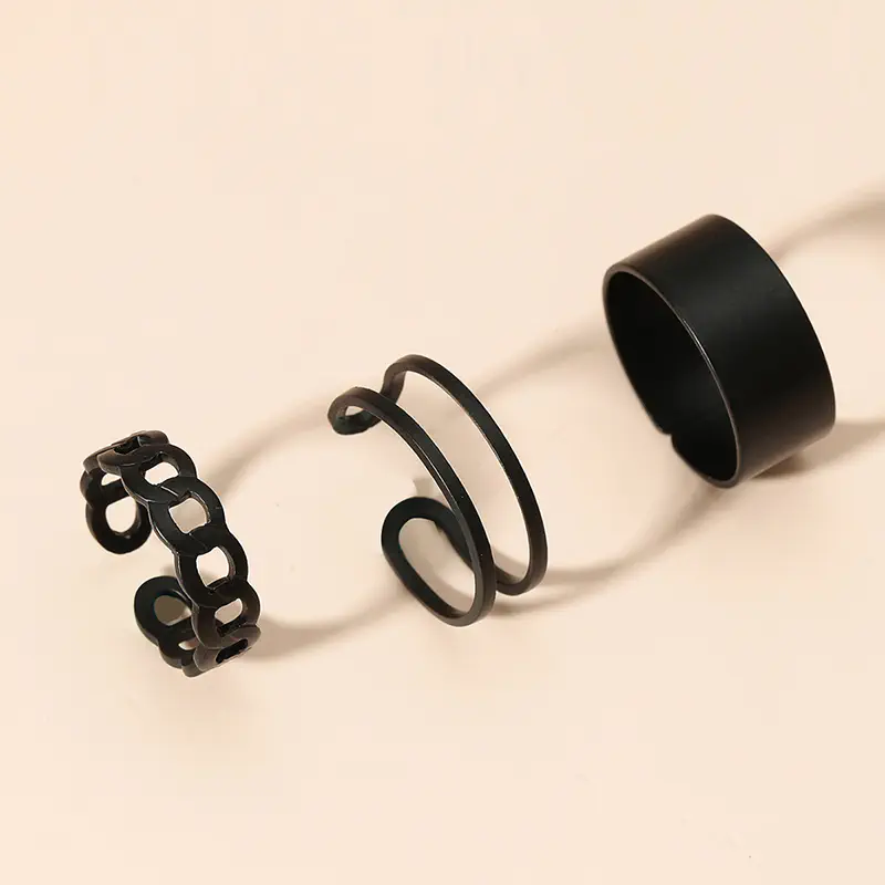 Picture of Three-piece Suit Ring/Opening Adjustable Ring Set/Vintage Drop Acrylic Ring Set Chain Jewelry Valentine's Day Gifts for Girlfriend (Black,Adjustable)