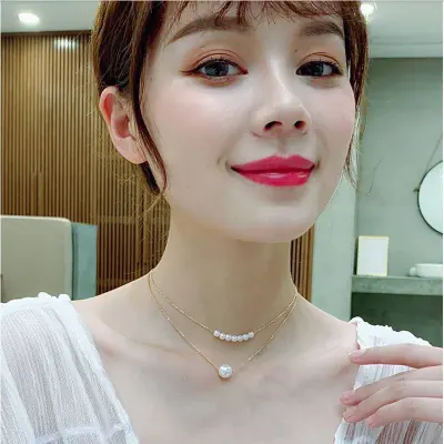 Picture of Nice And Simple Fashion Imitation Pearl Double Layer Clavicle Chain Necklace Accessories Female Jewelry New (Gold,Adjustable)