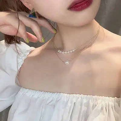 Picture of Metal double-layer pearl clavicle chain, thin temperament Korean ins style collar necklace (Gold,Adjustable)