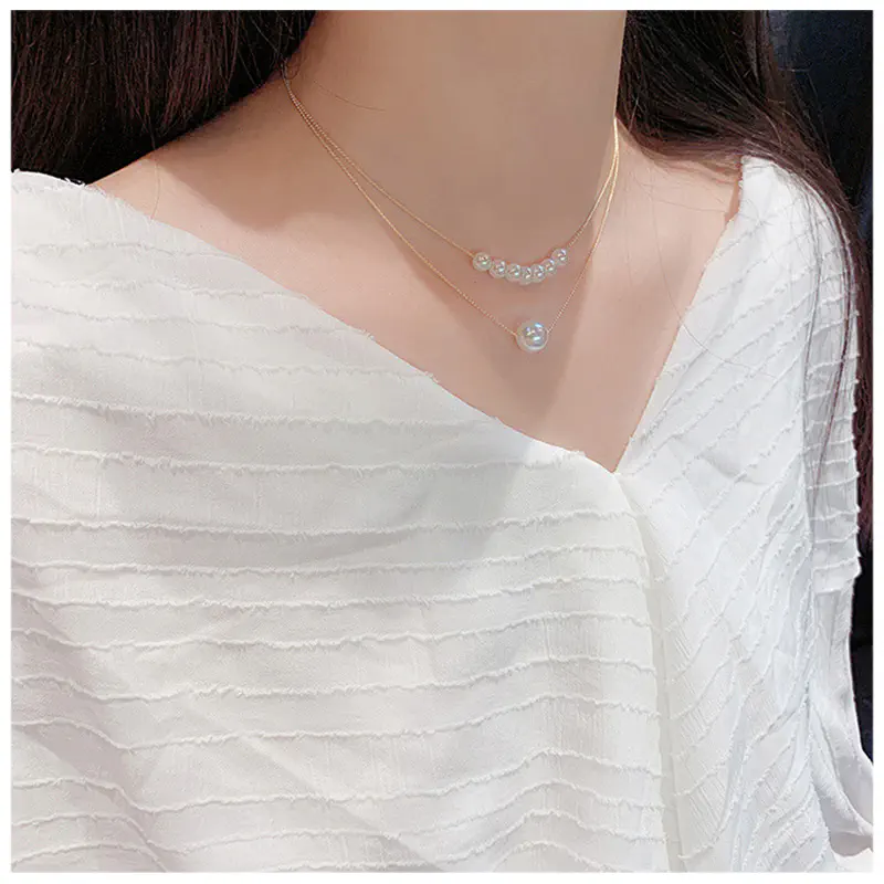 Picture of Metal double-layer pearl clavicle chain, thin temperament Korean ins style collar necklace (Gold,Adjustable)