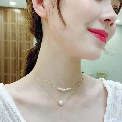 Picture of Simple Fashion Imitation Pearl Double Layer Clavicle Chain Necklace Accessories Female Jewelry New (Gold,Adjustable)