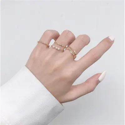 Picture of Ring Set Temperament Fashionable and Popular Women's Multi-layer Ring Twist Pearl Opening Beautiful Hand-tail Ring 5pcs Set (Gold,Adjustable)