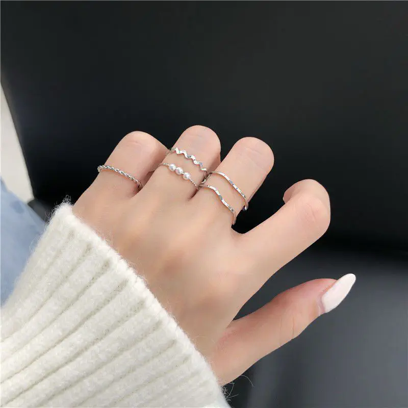 Picture of Ring Set Temperament Fashionable and Popular Women's Multi-layer Ring Twist Pearl Opening Beautiful Hand-tail Ring 5pcs Set (Silver,Adjustable)