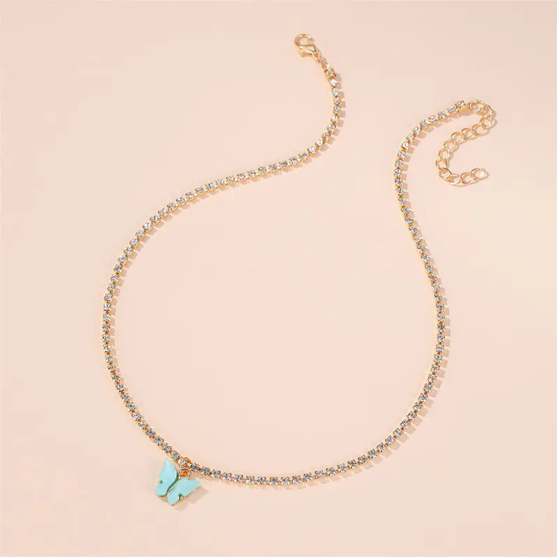 Picture of Butterfly Pearl Beads Pendant Chain Choker Necklace (Light blue,Adjustable)