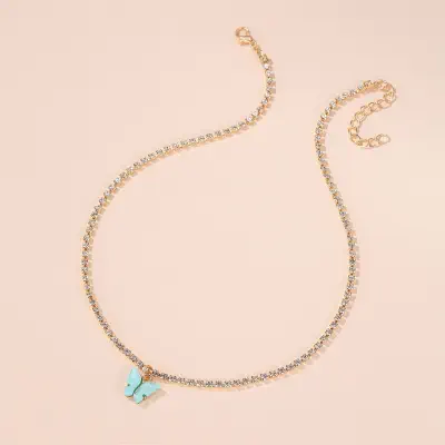 Picture of Butterfly Pearl Beads Pendant Chain Choker Necklace (Light blue,Adjustable)