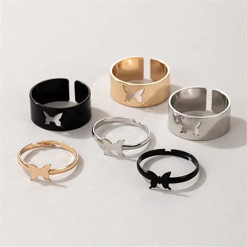 Picture of Butterfly King and Queen Couple Ring Set In Titanium Colour (Black,Adjustable)