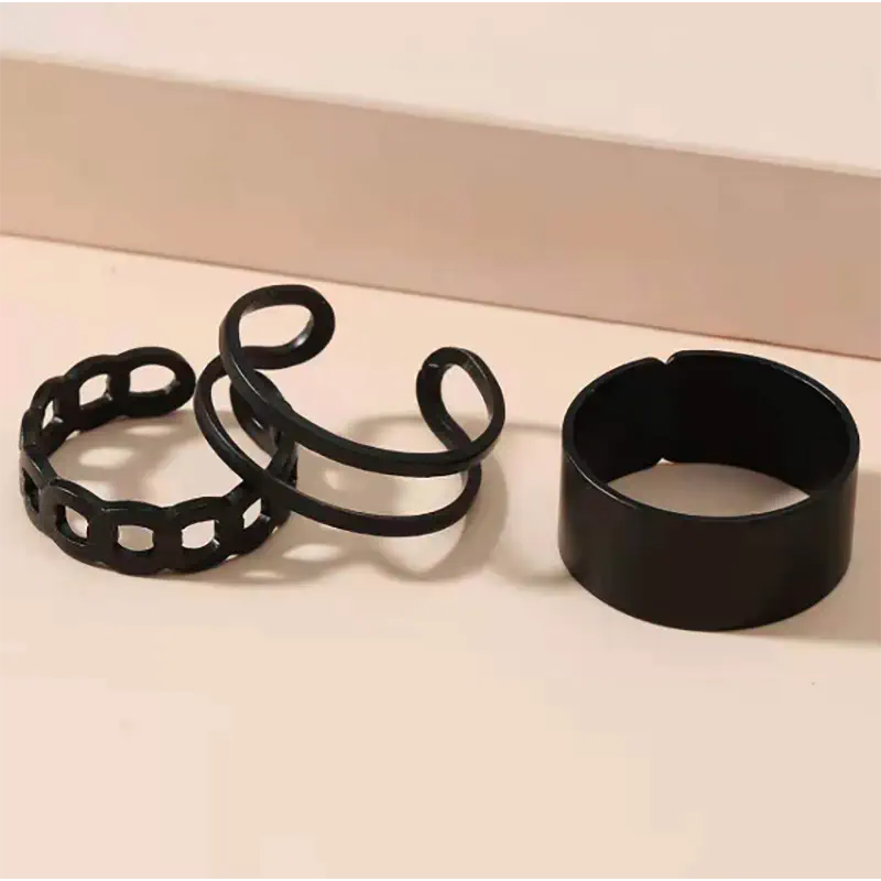 Picture of Three-piece Suit Ring/Opening Adjustable Ring Set/Vintage Drop Acrylic Ring Set Chain Jewelry Valentine's Day Gifts for Girlfriend (Black,Adjustable)