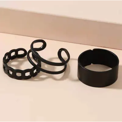 Picture of Three-piece Suit Ring/Opening Adjustable Ring Set/Vintage Drop Acrylic Ring Set Chain Jewelry Valentine's Day Gifts for Girlfriend (Black,Adjustable)