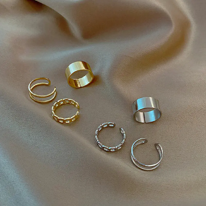 Picture of Three-piece Suit Ring/Opening Adjustable Ring Set/Vintage Drop Acrylic Ring Set Chain Jewelry Valentine's Day Gifts for Girlfriend (Gold,Adjustable)