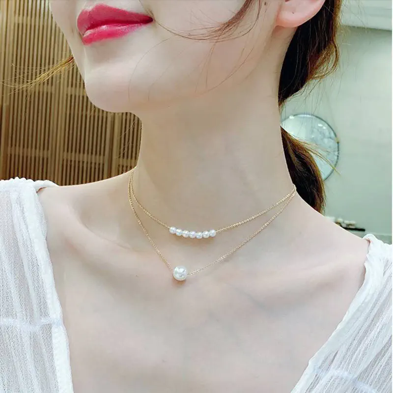 Picture of Nice And Simple Fashion Imitation Pearl Double Layer Clavicle Chain Necklace Accessories Female Jewelry New (Gold,Adjustable)