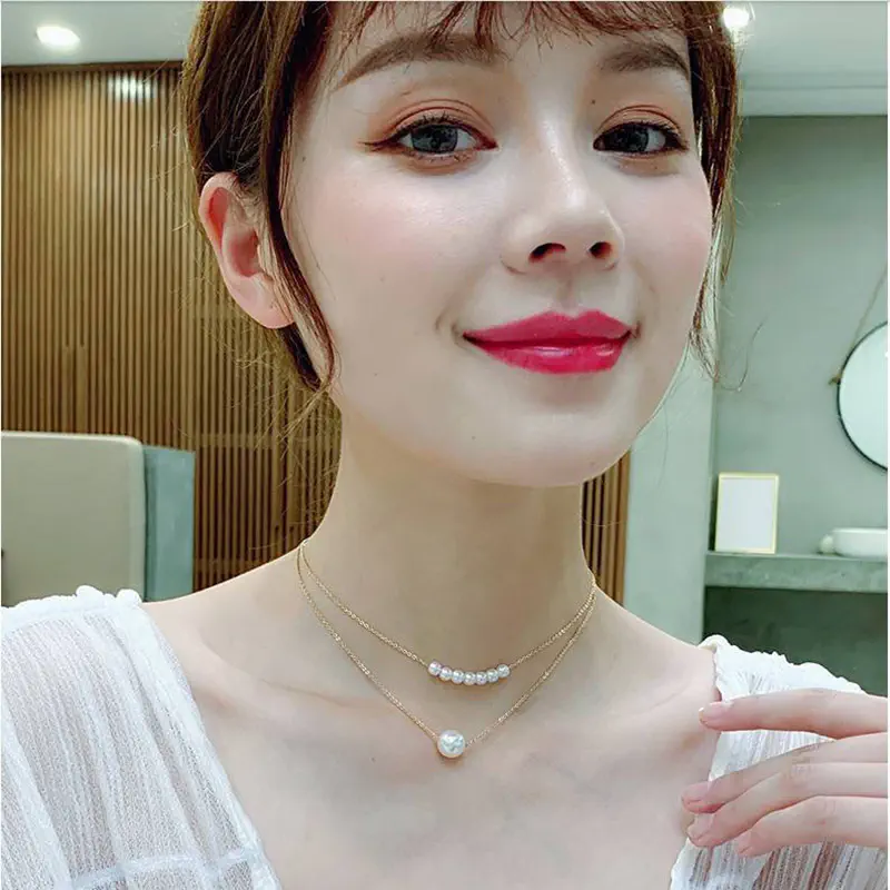 Picture of Simple Fashion Imitation Pearl Double Layer Clavicle Chain Necklace Accessories Female Jewelry New (Gold,Adjustable)