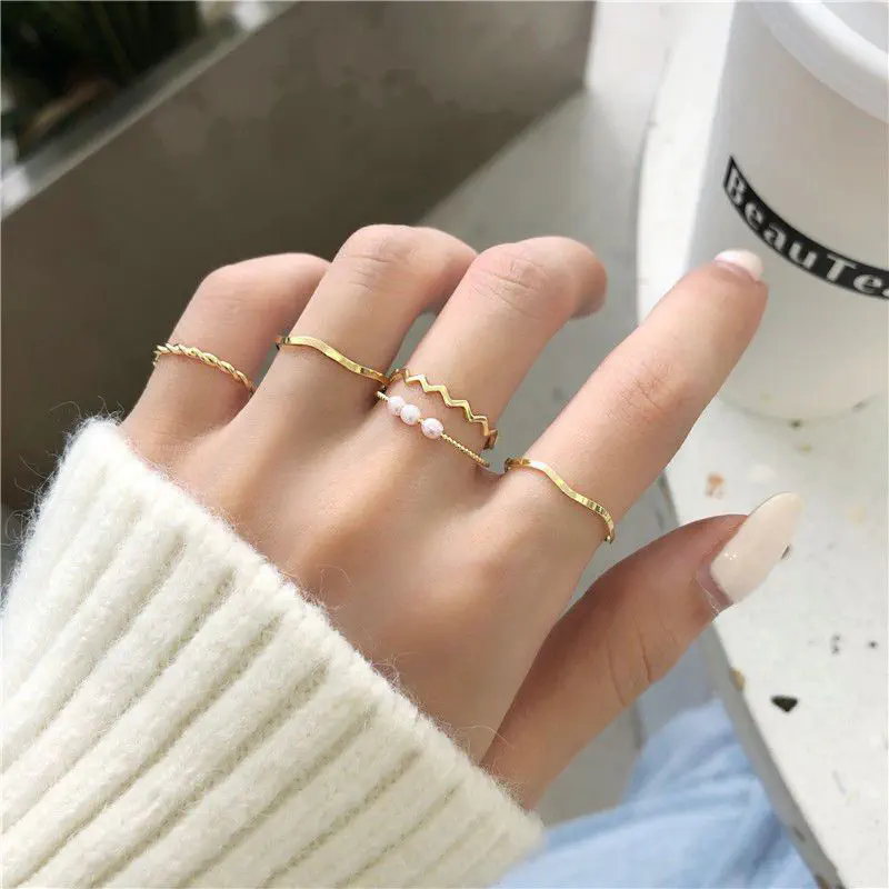 Picture of Ring Set Temperament Fashionable and Popular Women's Multi-layer Ring Twist Pearl Opening Beautiful Hand-tail Ring 5pcs Set (Gold,Adjustable)
