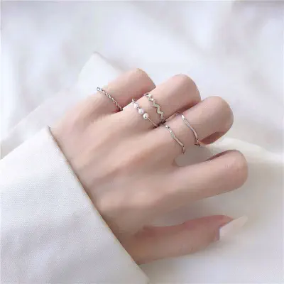 Picture of Ring Set Temperament Fashionable and Popular Women's Multi-layer Ring Twist Pearl Opening Beautiful Hand-tail Ring 5pcs Set (Silver,Adjustable)