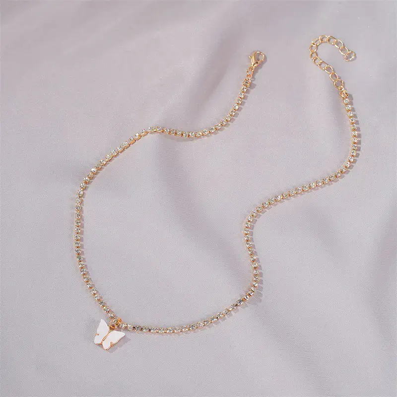 Picture of Butterfly Pearl Beads Pendant Chain Choker Necklace (White,Adjustable)