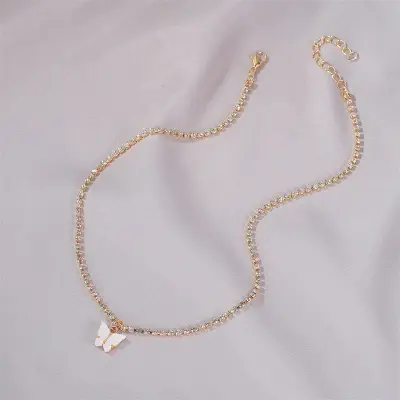 Picture of Butterfly Pearl Beads Pendant Chain Choker Necklace (White,Adjustable)