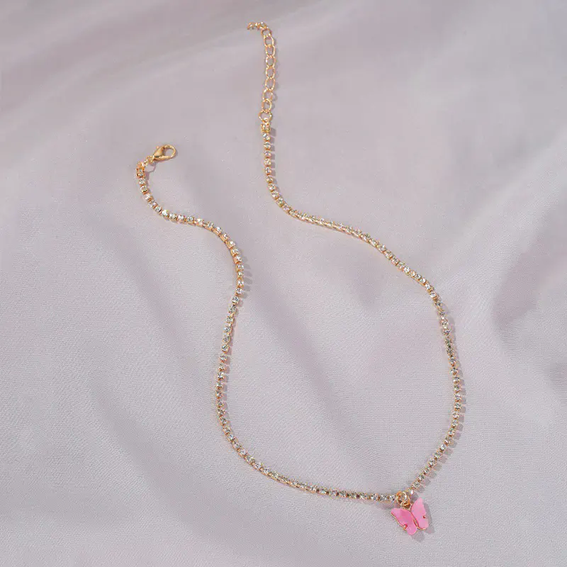 Picture of Butterfly Pearl Beads Pendant Chain Choker Necklace (Pink,Adjustable)