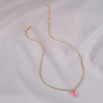 Picture of Butterfly Pearl Beads Pendant Chain Choker Necklace (Pink,Adjustable)