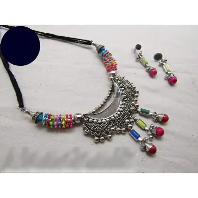 Picture of Fashionable & Trendy Multicolored Beaded German Silver Mirror Junk Jewellery Set of Necklace and Earring for Women 