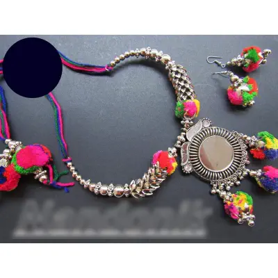 Picture of Fashionable Trendy and Gorgeous German Silver Multicolored Pompom Mirror Kharu Choker and Earring jewelry Set for Women 