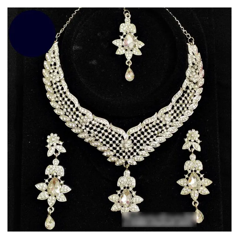 Picture of Elegant & Gorgeous Party/Bridal Stone Necklace,Earring & Tikli Set for Women / Women Jewellery Set Silver