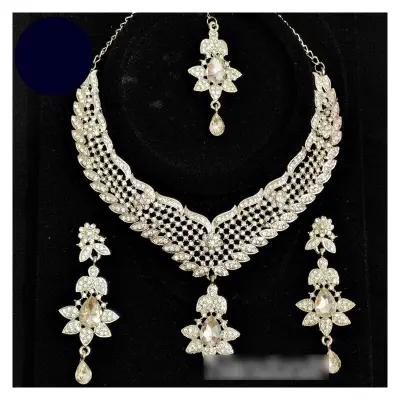 Picture of Elegant & Gorgeous Party/Bridal Stone Necklace,Earring & Tikli Set for Women / Women Jewellery Set Silver