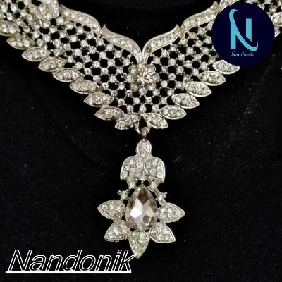 Picture of Elegant & Gorgeous Party/Bridal Stone Necklace,Earring & Tikli Set for Women / Women Jewellery Set Silver