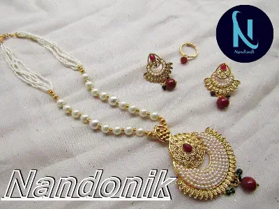 Picture of Elegant & Gorgeous Party-wear Jewellery Set of Artificial Pearl faux Necklace,Earring and Ad stone Finger Ring for Women 