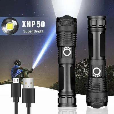 Picture of Rechargeable Zoom LED Flashlight USB Torch Light Black