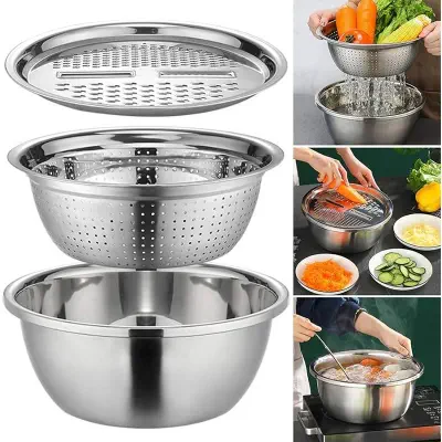 Picture of 3 In 1 Stainless Steel Drain Basket Vegetable Cutter Silver