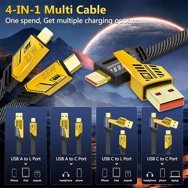 Picture of 65W 4-in-1 Mobile Phone Data Cable Fast Charging Cable Compatible with Apple and Huawei Android Dual-Head 1 Meter [40 inch] [65W/27W] Fast Charging with USB A/USB C to Type C[65W]/PD[27W]/ lightning Port, Compatible with iPhone/iPad/Samsung/Xiaomi-Black