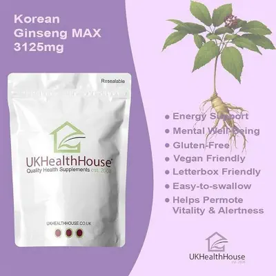 Picture of Korean Ginseng MAX 3125mg - 30 Tablets - Extra Potency Ginsenosides - Panax Ginseng - Made in UK-White
