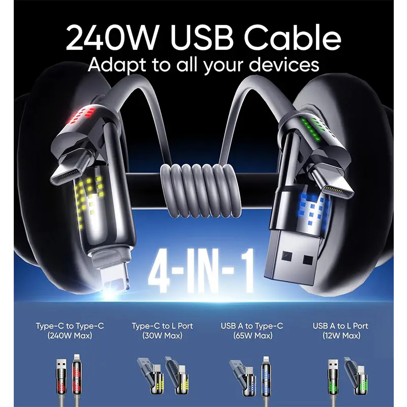 Picture of 240W Four-in-One Fast Charging Data Line Fast Charging Cable 1.5 Meter [60 Inch] Colorful Atmosphere Four-in-One Applicable Apple Huawei Android  Two-on-Two 240W light column -Ice White