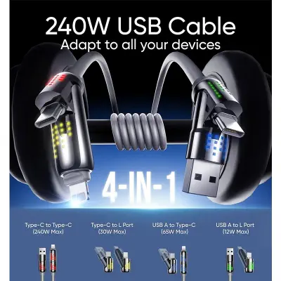 Picture of 240W Four-in-One Fast Charging Data Line Fast Charging Cable 1.5 Meter [60 Inch] Colorful Atmosphere Four-in-One Applicable Apple Huawei Android  Two-on-Two 240W light column -Ice White