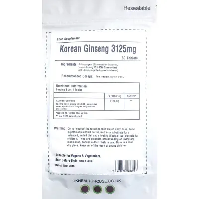 Picture of Korean Ginseng MAX 3125mg - 30 Tablets - Extra Potency Ginsenosides - Panax Ginseng - Made in UK-White