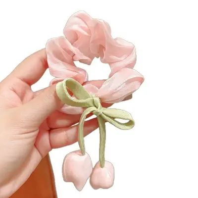 Picture of Tulip Hair Scrunchies Band🌷Trendy Cute Floral Hair band, pink purple white flower hair band, clip, accessories, vintage rubber band for women , girls hair tie